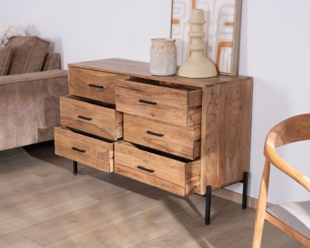 Cassettone a 6 cassetti "Conoa" in acacia con gambe in metallo nero
