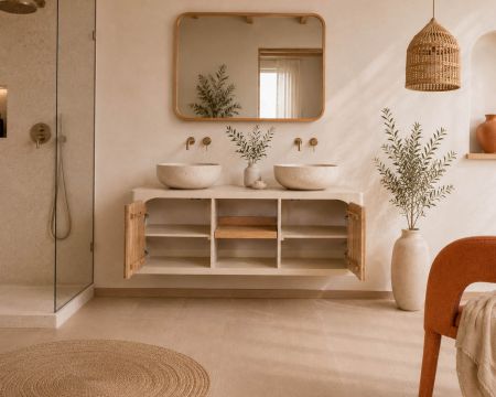 Mobile sottolavabo da 140 cm da appendere “Miona”, dal design organico e dall’effetto cemento sabbiato