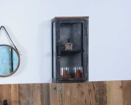 Piccola vetrina da parete in stile industriale "Black Cook" in metallo, legno massiccio e vetro