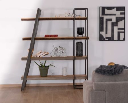 Libreria contemporanea "Mezzo" in legno e metallo con finitura cemento