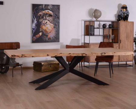 Grande tavolo da pranzo con piano in acacia massiccia da 280 cm e gambe in metallo "3D"