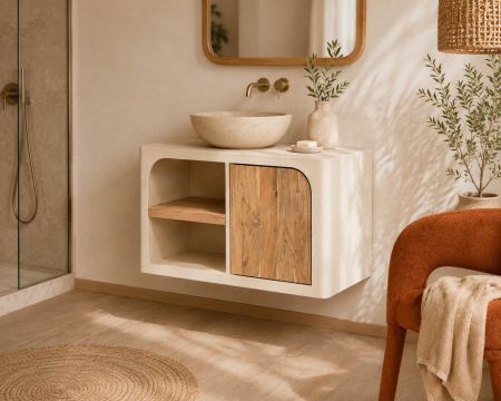 Mobile sottolavabo da 90 cm da appendere “Miona”, dal design organico e dall’effetto cemento sabbiato