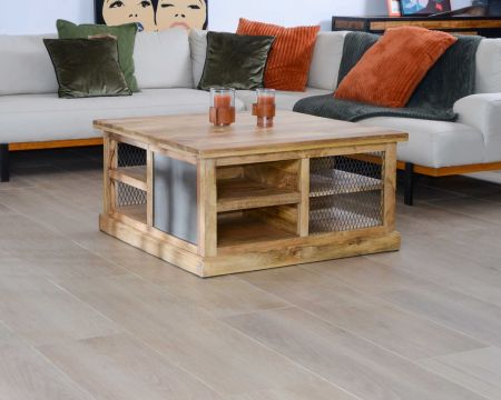 Tavolino quadrato "Caractère" con contenitori in metallo e legno