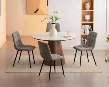 Tavolo da pranzo rotondo Oria da 120 cm con piano in ceramica effetto marmo bianco e gambe in noce
