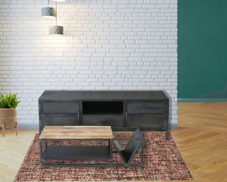 Tavolino di design industriale "Caractère" in metallo e legno massiccio