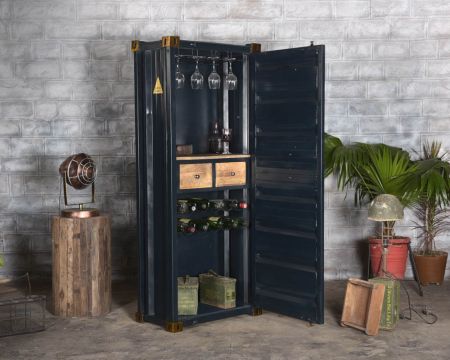 Mobile bar contenitore "Crazy" in metallo e legno blu notte. altezza 178 cm