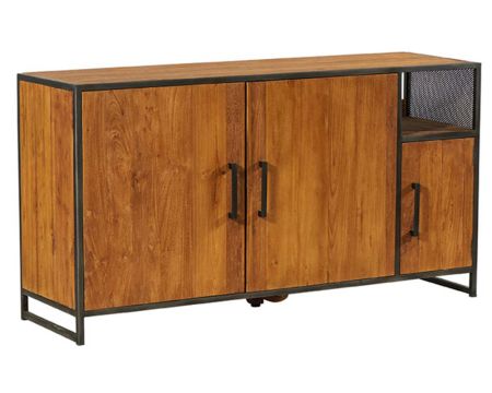 Credenza bassa "Athena" in teak di recupero e ferro antico con 3 ante e 1 nicchia