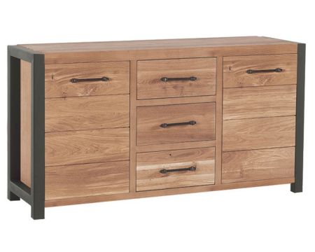 Credenza indus "Catania" in rovere massiccio e metallo nero a 2 ante e 3 cassetti