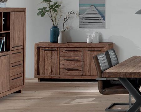 Credenza a 2 ante e 3 cassetti in teak massiccio "Oregon" di recupero