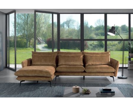 Divano con ritorno a sinistra in stile vintage "Eden" in tessuto ocra con effetto velluto liscio