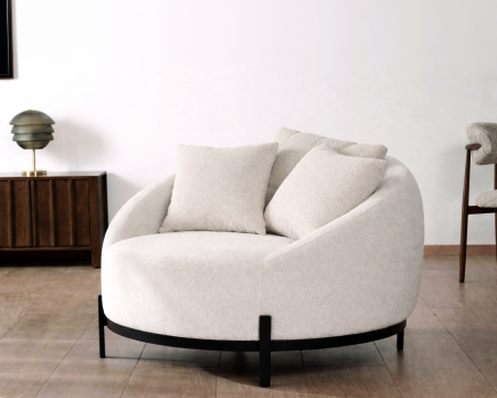 Poltrona rotonda "Sweet Culture" 120 cm in tessuto bianco screziato e cuscini in velluto a coste