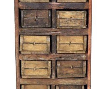 Colonna portaoggetti "nepalese" a 18 cassetti in legno riciclato, 120 cm