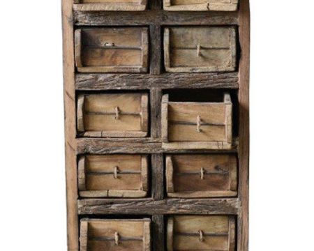 Piccolo mobile contenitore "nepalese" in legno riciclato con 10 cassetti