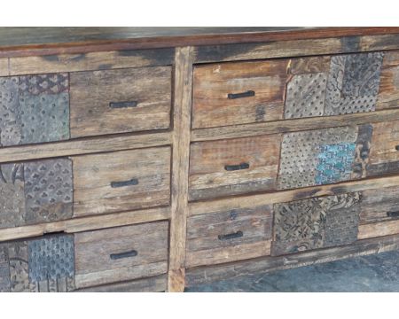 Cassettiera bassa "nepalese" di 195 cm in legno di recupero con 6 cassetti