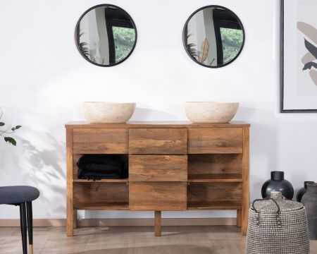 Mobile da bagno doppio "Kahiko" in legno di mango scuro da 140 cm con nicchie e cassetti