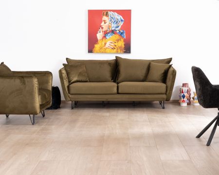Divano a 3 posti "Hasting" ultra-confortevole in morbido tessuto kaki e gambe in metallo