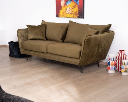 Divano a 3 posti "Hasting" ultra-confortevole in morbido tessuto kaki e gambe in metallo
