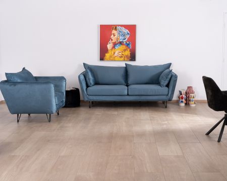 Divano blu a 3 posti dal design vintage "Hasting" in tessuto e metallo