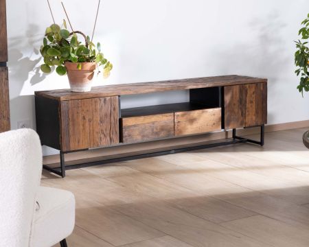 Porta TV industriale "Cachou Chic" 175 cm in acacia e metallo nero
