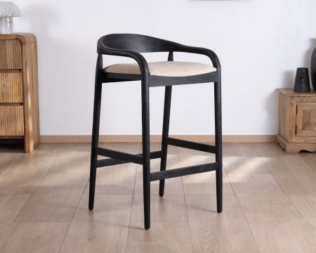 Sgabello da bar nero di design "Vogue" con schienale in legno e seduta imbottita