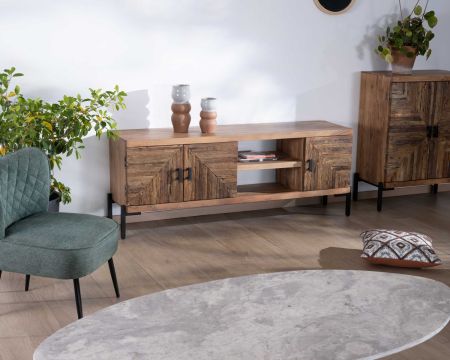 Porta TV etnico a 3 ante e 2 nicchie "Géonidum" 160 cm in legno massiccio di acacia con gambe in metallo