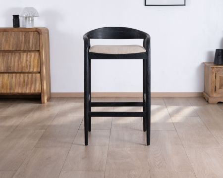Sgabello da bar nero di design "Vogue" con schienale in legno e seduta imbottita