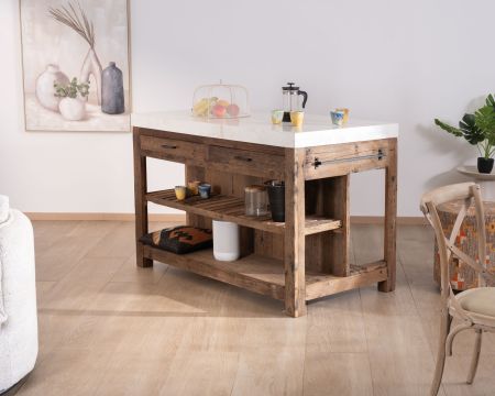  Blocco cucina "Grana" in teak di recupero con piano in marmo bianco