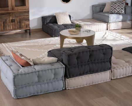 Cuscino da terra angolare "Cosy" in cotone grigio-verde per divano modulare