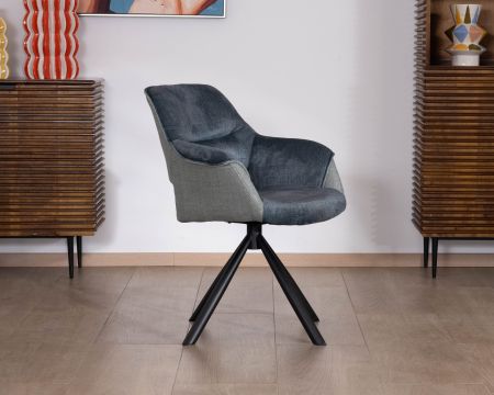 Set di 2 sedie da pranzo contemporanee in tessuto bi-tessuto blu "Chilko" con piedini girevoli in metallo