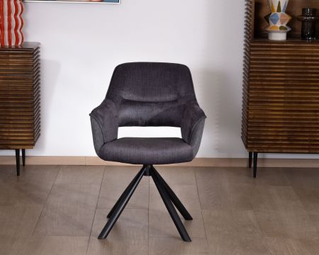 Set di 2 sedie da pranzo girevoli contemporanee "Chilko" su base metallica nera in tessuto grigio bi-tessuto