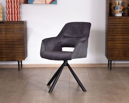 Set di 2 sedie da pranzo girevoli contemporanee "Chilko" su base metallica nera in tessuto grigio bi-tessuto
