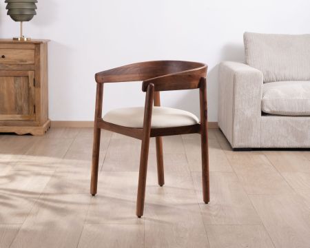 Sedia da pranzo in stile vintage "Polo" in legno di mango e seduta in tessuto bianco