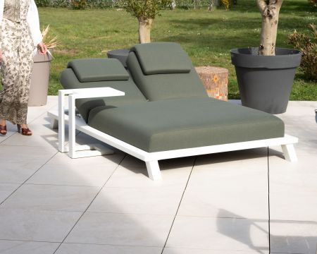 Lettino prendisole "Nusa Pedina" 2 posti top di gamma in tessuto kaki e alluminio bianco
