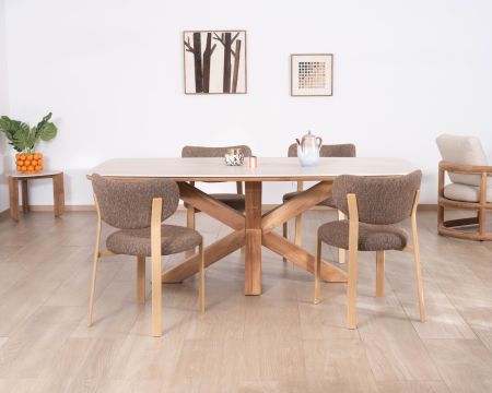 Tavolo da giardino da 240 cm in teak massiccio con piano in ceramica effetto travertino “Avenor” e base a stella