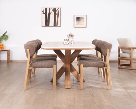 Tavolo in teak massiccio con piano in ceramica effetto travertino da 200 cm "Avenor" con base a stella