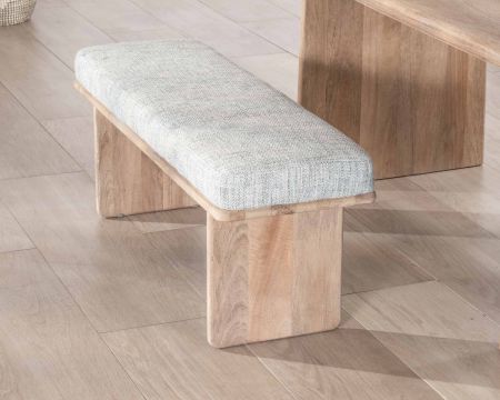 Elegante e confortevole panca da 120 cm in legno di mango e seduta imbottita in tessuto grigio screziato "Maestro"