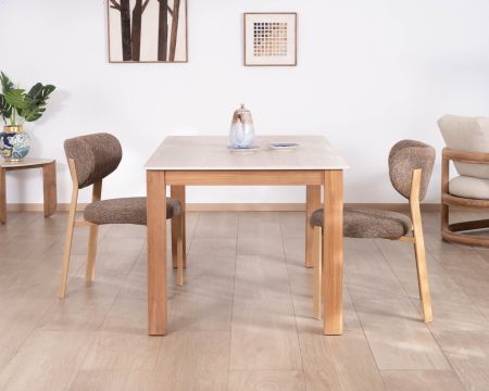 Tavolo da pranzo in stile country chic "Arvik" in teak massiccio e ceramica effetto travertino, 160 cm