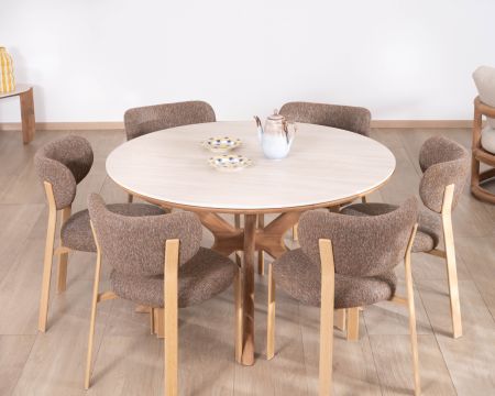 Tavolo rotondo da interno o esterno da 130 cm “Elsen” in teak massiccio con piano in ceramica effetto travertino