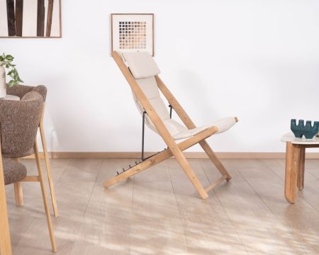 Poltrona chilena imbottita in tessuto bouclé ecru e teak massiccio "Alizé" per interni/esterni