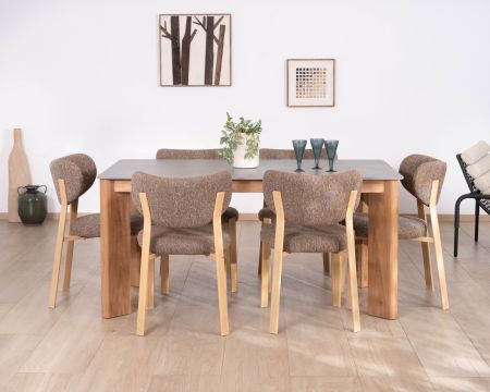 Tavolo da pranzo da 160 cm con piano in ceramica grigia effetto cemento "Merik" in teak massiccio