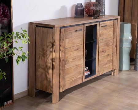 Credenza contemporanea "Fantaisie" da 150 cm in acacia con 2 ante e ripiani in vetro