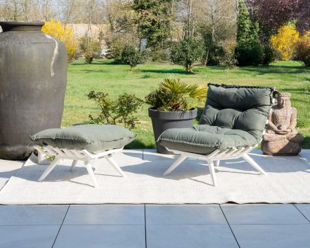 Poltrona da giardino ultraconfortevole "Lisca" in tessuto verde kaki con poggiapiedi modulare