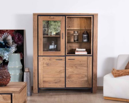 Mobile contemporaneo in acacia massiccia a rilievo nero con 3 ante e nicchia con ripiani in vetro "Fantaisie"