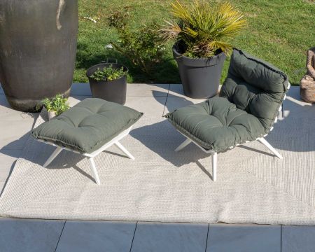 Poltrona da giardino ultraconfortevole "Lisca" in tessuto verde kaki con poggiapiedi modulare