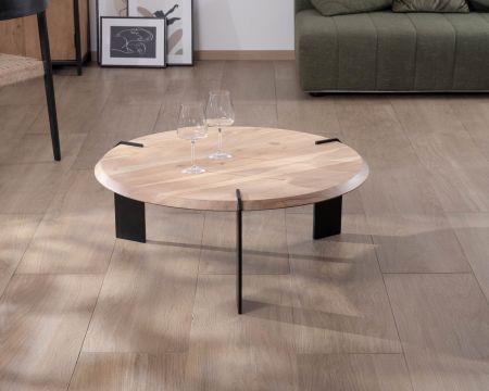 Tavolino rotondo di design "Shelley" in acacia con 3 gambe in metallo nero
