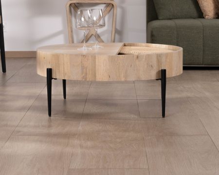 Tavolino rotondo "Loopie" con piano girevole in midollino, diametro 80 cm