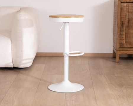 Set di 2 sgabelli regolabili in altezza "Juo" con seduta in legno e gamba in metallo bianco
