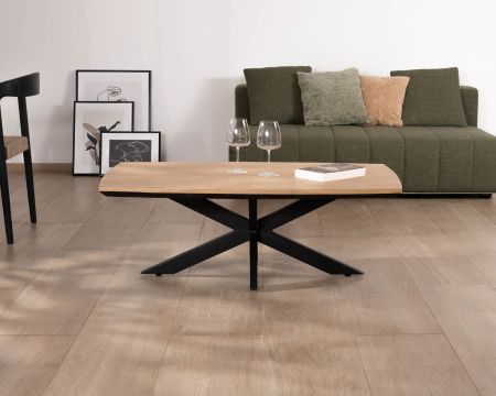 Tavolino "Toledo" con piano impiallacciato in rovere chiaro e base a stella in metallo nero