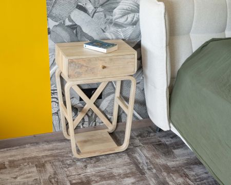 Comodino "Loopie" in stile retrò in legno di mango