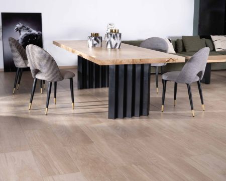 Tavolo da pranzo rettangolare "Audacio", 220 cm, legno massiccio, gambe in metallo plissettato nero